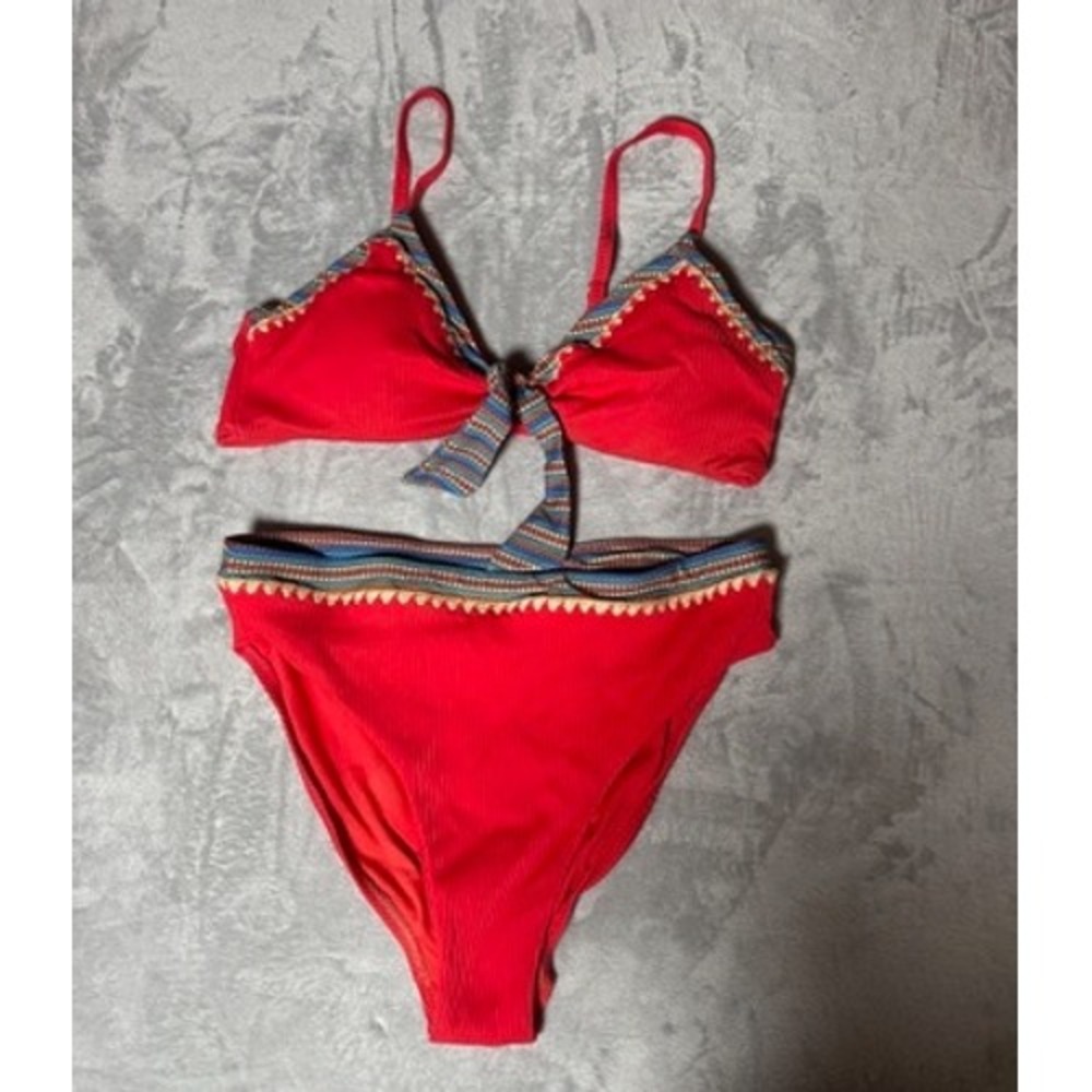 Swimsuits for All Bikini Set Red Ribbed High Waist Boho Tropical Beach Size 12